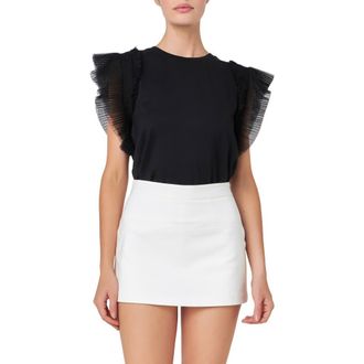 English Factory Mix Media Flutter Sleeve Knit Top in Black at Nordstrom, Size X-Small