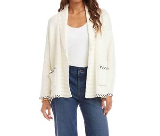 Karen Kane Contrast Stitch Open Front Cardigan Sweater In Off White With Navy