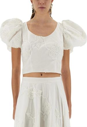 Rotate Puff Sleeve Geborduurd Crop Top - Dames - Blouses - Wit - S - Katoen - Overhemden