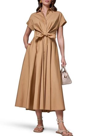 DKNY Tie Waist Short Sleeve Stretch Cotton Midi Shirtdress in Fawn at Nordstrom, Size X-Large