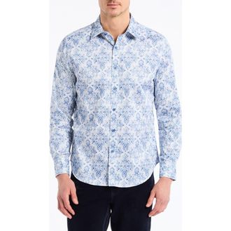 Robert Graham Delancey Damask Print Stretch Cotton Button-Up Shirt in Navy at Nordstrom Rack, Size Xxx-Large