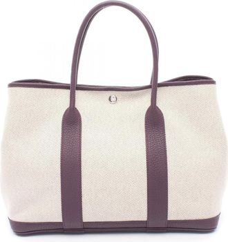 Herm&egrave;s Beige Purple Canvas Leather Handbag Tote Bag (Pre-Owned)