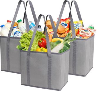 Generic Reusable Grocery Tote Bags, 3-Pack Heavy Duty Reusable Shopping Bags with Long Handles, Large Box Shape Tote Bags to Stand Up, Stay Open, Fold Flat (B