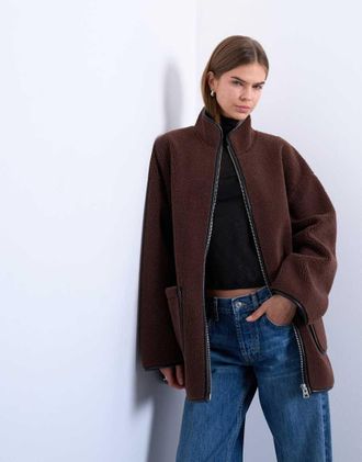 Topshop Giacca taglio lungo accollata color cioccolato in montone-Marrone