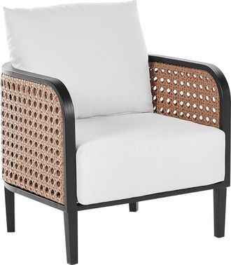 Beliani Garden Outdoor Metal Armchair Aluminum with Thick Water-Repellent Cushions Viennese Braid Backrest pe Rattan Off-White Montefalco