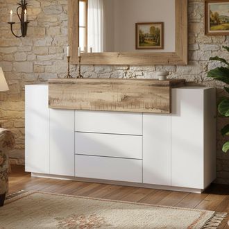 Dmora Aparador Moderno, Aparador De Dise&ntilde;o Con 3 Puertas Y 3 Cajones, Made In Italy, Mueble Para Tv, Buffet De Sal&oacute;n, 160x45h86 Cm, Blanco Brillante Y Color