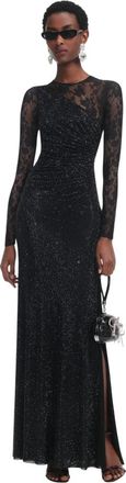 Self Portrait Maxi-jurk met strass-kanten mouwen - Dames - Avondkleed - Zwart - 2XS - Polyester - Kleedjes