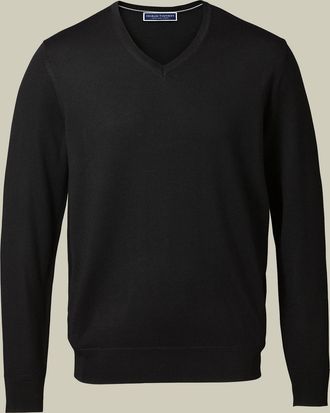 CHARLES TYRWHITT Merino V-Neck Jumper - Black Size XXXL by Charles Tyrwhitt
