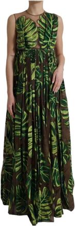 Dolce & Gabbana Tropische Bladprint Zijden Maxi Jurk - Dames - Avondkleed - Groen - S - Nylon - Kleedjes