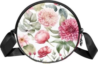 Generic Circle Crossbody Bag for Women, Floral Leaves Small Sling Bag Daypack with Zipper Adjustable Shoulder Straps Casual Ladies Girls Round Purse