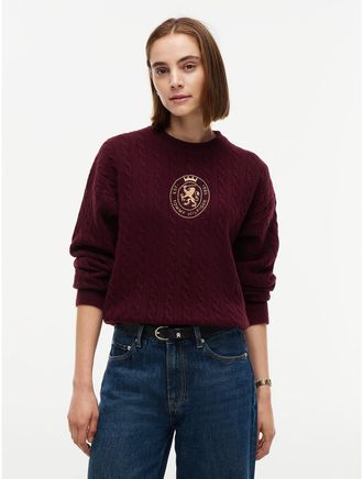 Tommy Hilfiger Womens Embroidered Crest Cable Knit Sweater - Deep Burgundy - XL