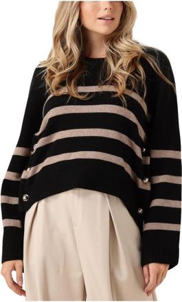 Co'Couture Button Stripe Sweater - Dames - Ronde hals truien - Zwart - L - Truien & Vesten