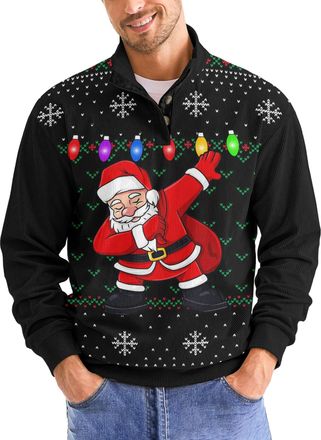 Generic Christmas Sweatshirts for Men Fashion Xmas Graphic Print Long Sleeve Sweatshirt Stand Collar Button Slim Pullover Tops