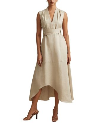 Reiss Ava Linen-Blend Linen Belt Detail Midi Dress