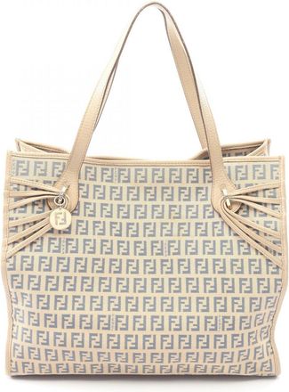Fendi Beige Blue Canvas Leather Handbag Tote Bag (Pre-Owned)