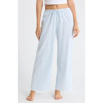 Open Edit Seersucker Sleep Pants in White- Blue Hickory Stripe at Nordstrom, Size X-Large