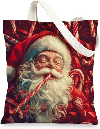 Generic Fantasy Christmas Santa Claus Canvas Tote Bag for Shopping 13x15, Fun Candy Canes Xmas Reusable Grocery Print Pattern Bag for Women Men, Holiday New Y