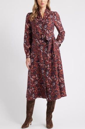 Caslon Ruffle Belted Long Sleeve Maxi Dress in Navy- Rust Ikat Blossom at Nordstrom Rack, Size X-Small