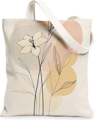 Generic Spring Aesthetic Lilies Canvas Tote Bag for Shopping 13x15, Fun Mid Century Floral Reusable Grocery Print Bag for Women, Abstract Flower Beach Aesthet