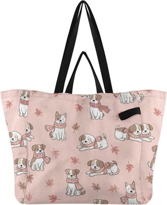Generic Dogs Maple Leaf Pink print Reusable Canvas Tote Bag, Heavy Duty Grocery Shopping Bag with Double Handles Hard Bottom Large Capacity Work Groceries Tra