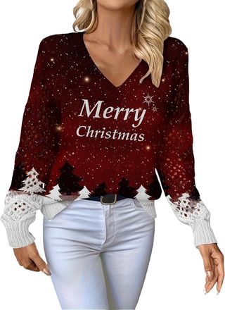 Generic Christmas Jumper for Women V-Neck Glitter Xmas Printed Tops Long Sleeve Lightweight Jumper Loose Soft Warm Lounge Wear Classy Xmas Sweater for Festiva