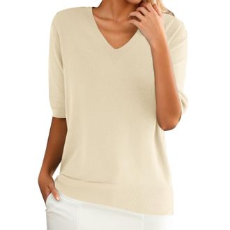 Generic Womens Summer Lightweight Knit Pullover, Thin Top, Short Sleeve V-Neck, Casual Knit Jumper, Elegant Spring Summer Sweatshirt, Solid Color Short Sleeve