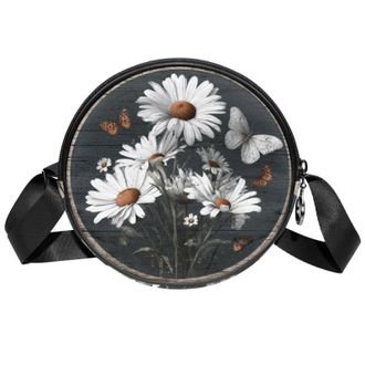 Generic Circle Crossbody Bag for Women, Wooden Circular Daisies Small Sling Bag Daypack with Zipper Adjustable Shoulder Straps Casual Ladies Girls Round Purse