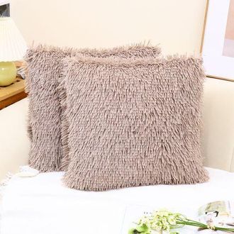 OEM Funda De Coj&iacute;n De Lujo En Suave Piel Sint&eacute;tica Y Lana, Funda Decorativa Para Almohada, Sin Relleno, 45 X 45 Cm, Marr&oacute;n Claro, Juego De 2