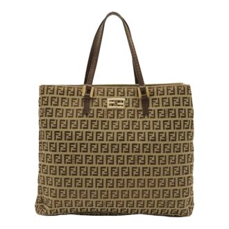 Fendi Zucchino Brown Khaki Brown Canvas Leather Handbag Tote Bag (Pre-Owned)