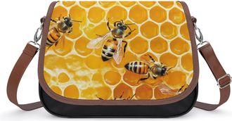 Generic Bees Honeycomb Crossbody Bag Womens Handbag PU Message Bags Shoulder Purse with Adjustable Strap