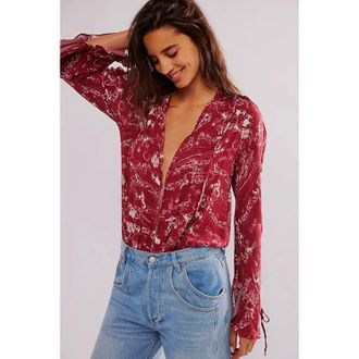 Free People Everythings Rosy Bodysuit Womens Red Western Print GBO1868