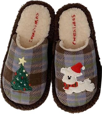 Generic Ladies Slippers Cozy Embroidered Footwear Classic Plaid Indoor Warm Clogs With Pattern For Comfort And Style At Home Cozy House Slippers For Women(Blu