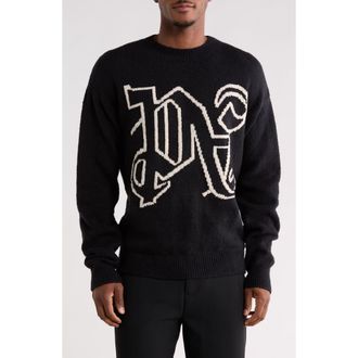 Palm Angels Logo Monogram Intarsia Knit Sweater in Black White at Nordstrom Rack, Size X-Small
