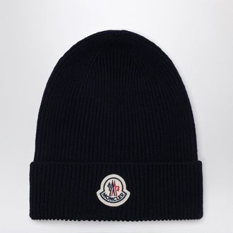 Moncler Blue Wool Beanie With Logo Patch