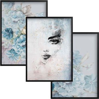 OEM P&oacute;sters Para El Dormitorio De La Sala De Estar Im&aacute;genes En Un Conjunto De Marco Negro Flores Azules