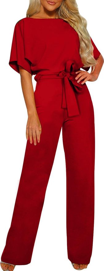 Jumpsuits for Women UK Elegant Party Business Casual Romper Dressy Outfits Short Sleeve Belted Wide Leg Pants Formal Overalls, XL
