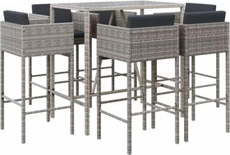 vidaXL Mesa Y Taburetes Altos Jard&iacute;n Y Cojines 7 Pzas Rat&aacute;n Pe Gris Vidaxl
