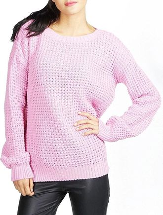 Crazy Girls Womens Ladies Baggy Long Sleeve Knitted Plain Chunky Top Sweater Jumper S-XL (16-18, Baby Pink)