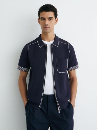 Reiss Navy Stitch-detail Zip-through Knit Shirt, Xxl