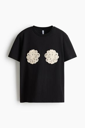 H&M T-Shirt mit Applikationen - Schwarz/Blumen