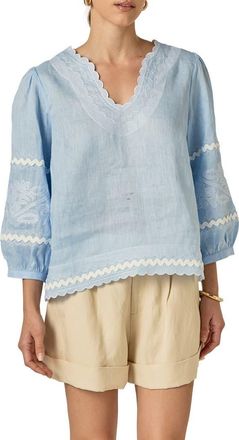 English Factory Rickrack Trim Embroidered Balloon Sleeve Linen Top in Powder Blue at Nordstrom Rack, Size Medium
