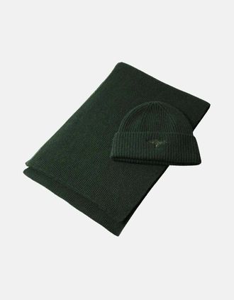 Fynch-Hatton Mens Pure Wool Beanie & Scarf Set Dark Leaf - Green - Size: ONE size