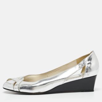 Stuart Weitzman Silver Leather Wedge Peep Toe Pumps Size 39