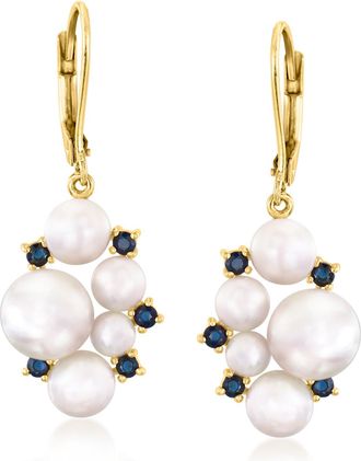 Ross-Simons 3.5-8mm Cultured Pearl and. Sapphire Drop Earrings in 18kt Gold Over Sterling