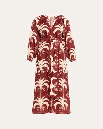 Johanna Ortiz Palm-Print Linen Long-Sleeve Belted Midi Dress