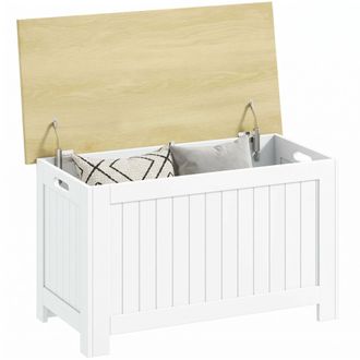 HOMCOM Homcom Ba&uacute;l De Almacenaje Dormitorio 90 L Banco De Almacenaje Con Tapa Ba&uacute;l De Almacenaje Con Bisagra De Seguridad 80,5x40x46,4 Cm Natural Y Blanco