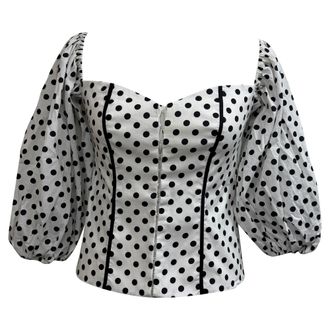 Caroline Constas Belen Polka Dot Off Shoulder Blouse in White Cotton