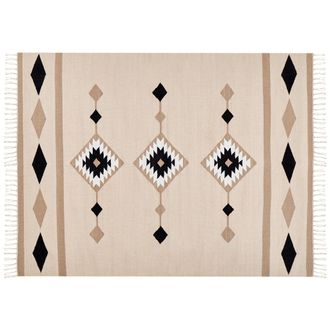 Beliani Alfombra Kilim De Algod&oacute;n Beige Negro Blanco 160 X 230 Cm A Mano Reversible Berdik