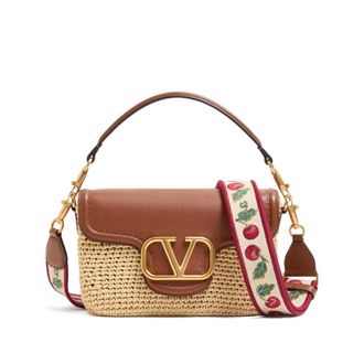 Valentino Garavani Raffia and Calf Leather Shoulder Bag - Beige