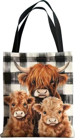 Generic Highland Cow Tote Bag, Double-Sided Printed Canvas Shoulder Bag with Checkered Pattern, Spacious Reusable Bag for Shopping Work Travel, Ideal Gifts fo